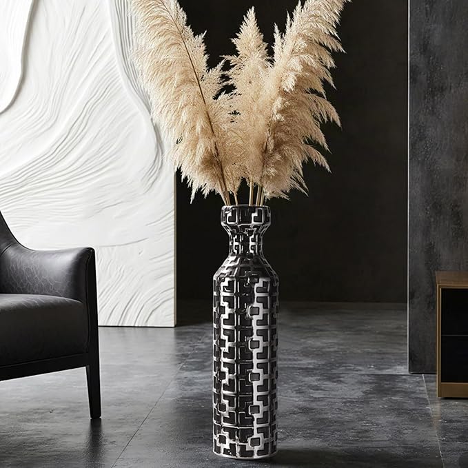 24.4 Inch Tall Floor Vase - Ceramics Black Vases with Silver Geometric Patterns, Large Cylinder Vases, Modern Home Decor for Living Room, Entryway, or Indoor Spaces
