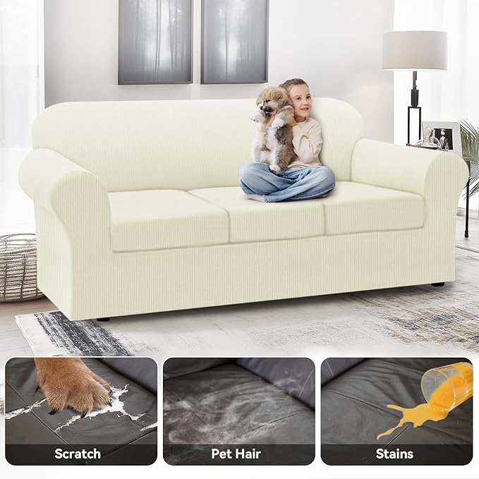 100% Waterproof Extra Large Couch Cover 4-Piece Set Striped Sofa Slipcovers for 3 Cushion Couch Covers with TPU Leakproof Bottom Stretch Protector Pet Proof - Sofa(3-Cushion), Ivory