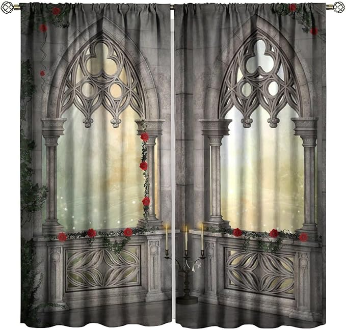 Gothic Mid Century Blackout Curtains, Vintage Castle Skull Candlesticks Red Rose Print Pattern Window Drapes, for Living Room Bedroom 21(W)*54(L) 2 Panels