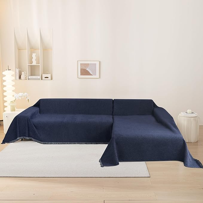 MEETSKY Blue Sofa Covers for 3 Cushion Couch Cover for L Shaped Sectional Sofa Covers Couch Protector Thick Chenille Fabric Washable, Modern Sofa Towel for Living Room, 91" x 118", Navy
