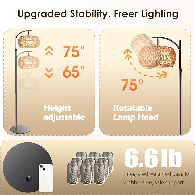 Boho Rattan Floor Lamp with Shade – 12W Bright Dimmable LED Bulb, Remote Control 3 Color Temperatures, Modern Farmhouse Handwoven Arc Standing Light for Living Room Bedroom