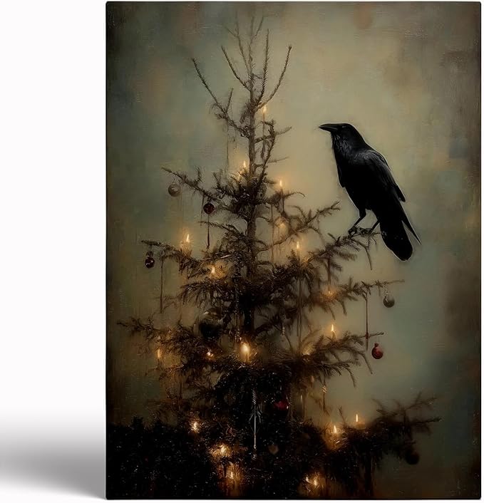 Raven on Christmas Tree Wall Art,Gothic Crow,Dark Academia,Wildlife Painting,Dark Christmas Tree Branch for Cottagecore Farmhouse Decor