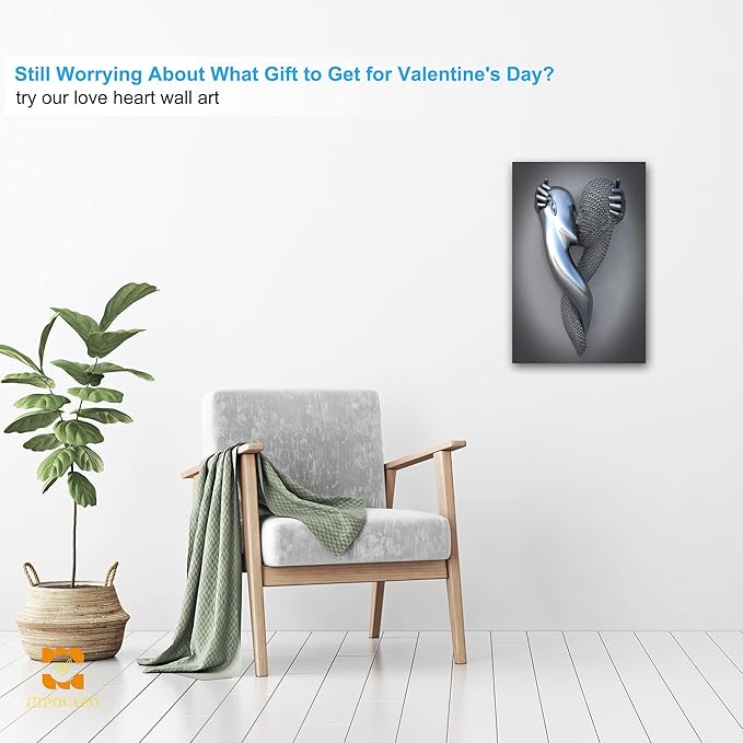 3D Metal Effect Wall Art - 3D Metal Canvas Art, Silver Modern Abstract hug Lovers Painting Picture Poster Prints for Bathroom, Romantic Couple Living Room Canvas Wall Art Framed 12”x18”x1Pcs
