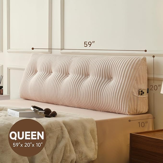 Z-hom Queen Headboard Pillow, Triangular Wedge Reading Pillow for Bed or Sofa, Ergonomic Backrest Cushion for Sitting Up, Reading or Relaxing, with Side Pocket，Removable Washable Cover,Beige Cream