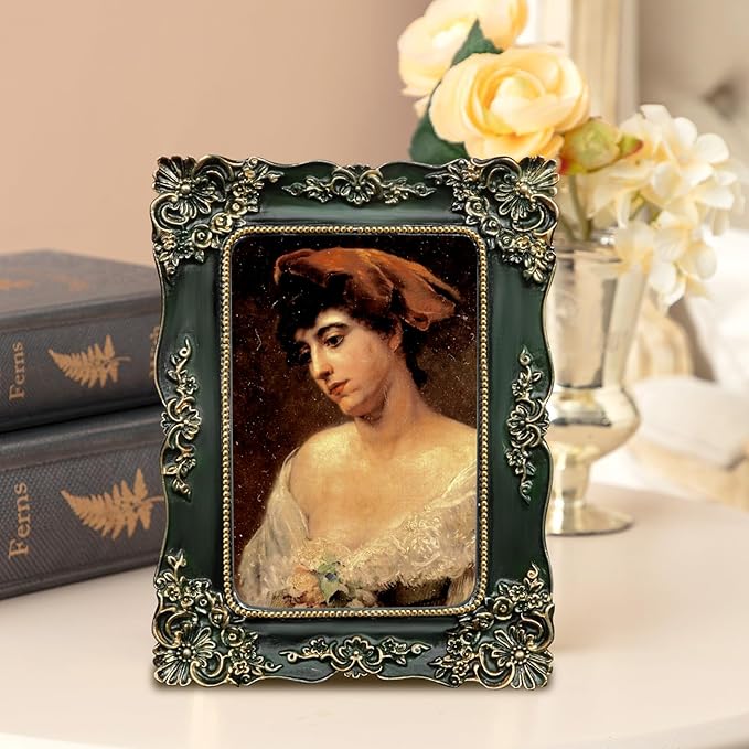 Green Picture Frame 4x6 Vintage Picture Frames Antique Ornate Baroque Victorian Handcrafted for Tabletop or Wall Display with Glass Front