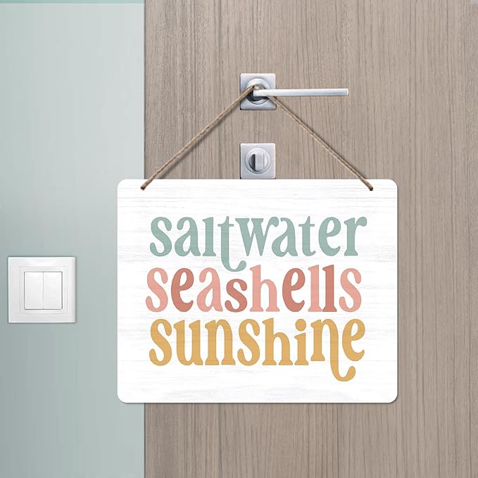 Udinaz Summer Coastal Beach Hanging Sign, Coastal Summer Beachy Wall Decor, Saltwater Seashells Sunshine Hanging Wood Plaque Decor for Home Room Bedroom Beach House Wall Door Decorations