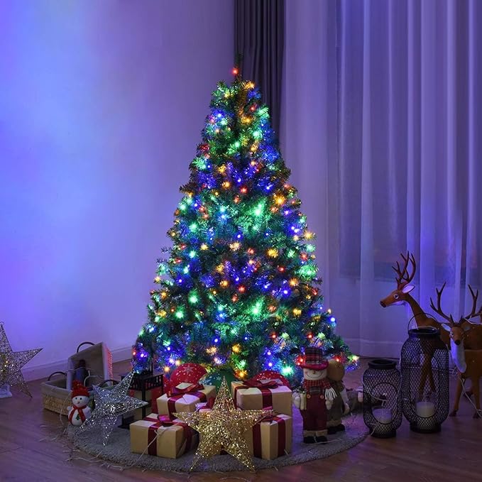 HAPPYGRILL 5FT Pre-lit Artificial Christmas Tree with 600 PVC Branch Tips, Foldable Base, Premium Hinged Spruce Xmas Tree with 11 Color Modes Lights for Holiday Decoration