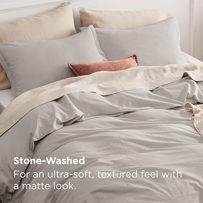 Bedsure 100% Stone Washed Cotton Duvet Cover King - Stone Color Minimalist Cotton Duvet Cover Linen Like for All Seasons - GentleSoft™ Plain Simple Bedding (King, 104"x90")