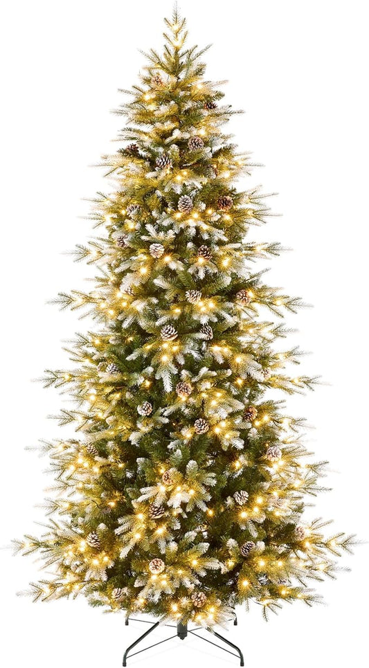 Best Choice Products 7.5ft Pre-Lit Artificial Frosted Slim Aspen Christmas Tree, Partially Flocked Holiday Décor w/ 2-in-1 White & Multicolor LED Lights