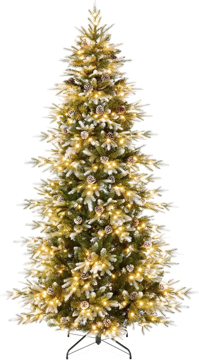 Best Choice Products 9ft Pre-Lit Artificial Frosted Slim Aspen Christmas Tree, Partially Flocked Holiday Décor w/ 2-in-1 White & Multicolor LED Lights
