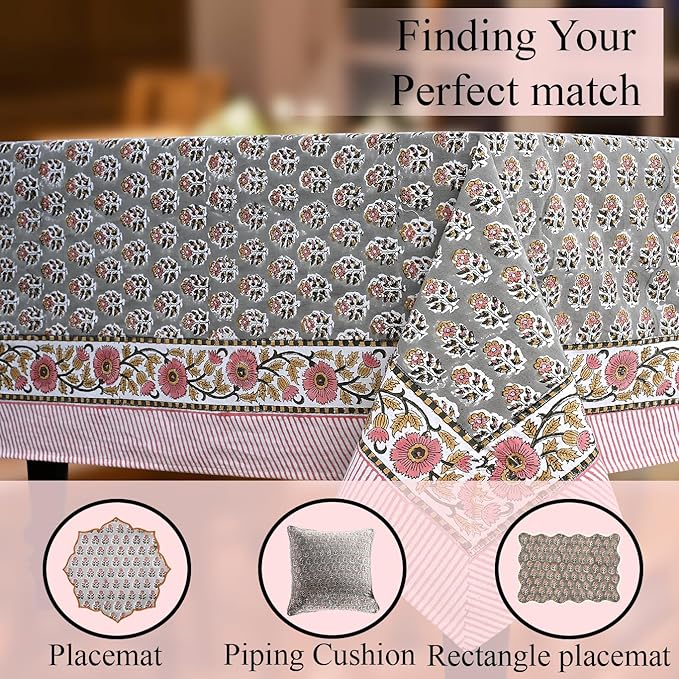 CPC Tablecloth 100% Cotton 72x140 Inch Indian Block Print Rectangle Table Cover, Gray Table Cloth for Weddings, Spring/Summer, Barbeque - Labra Gray