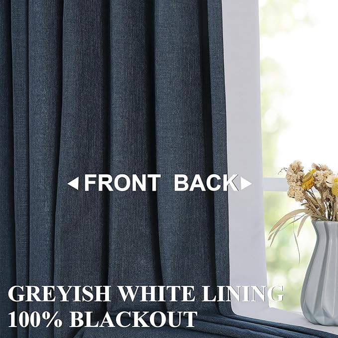 Vision Home Navy Blue Pinch Pleated Full Blackout Curtains Linen Blended Room Darkening Window Curtains 102 inch for Living Room Bedroom Thermal Insulated Pinch Pleat Drapes with Hooks 60" Wx102 Lx1