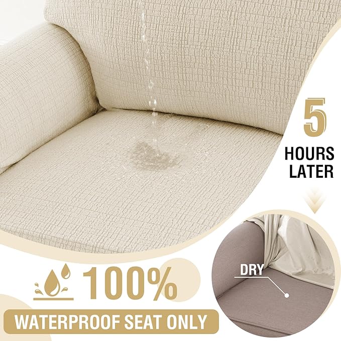H.VERSAILTEX Jacquard Sofa Slipcover with Waterproof Seat Furniture Protector 1 Piece Stretch Sofa Covers with Elastic Bottom for Kids, Pets, Dog(Sofa, Ivory)