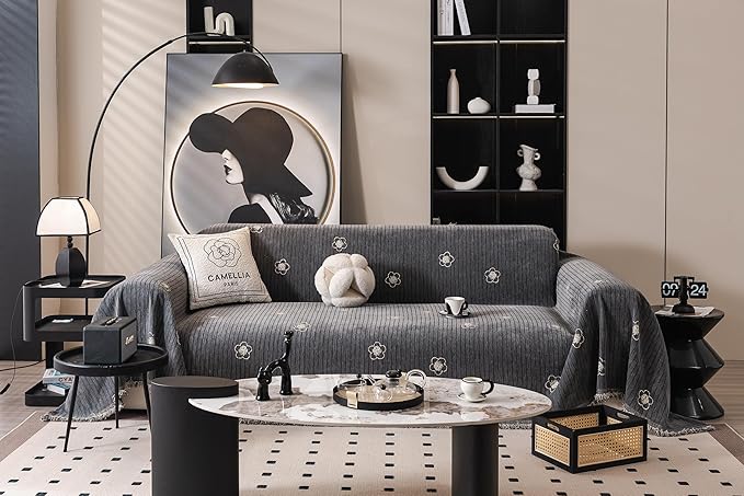 ROOMLIFE Gray Couch Cover Boho Sofa Covers for 3 Cushion Couch Washable, Furniture Protector Sofa Couch Cover for Dogs, Soft Chenille Sofa Slipcover, Couch Throw Blankets with Tassels 71 '' X 118''