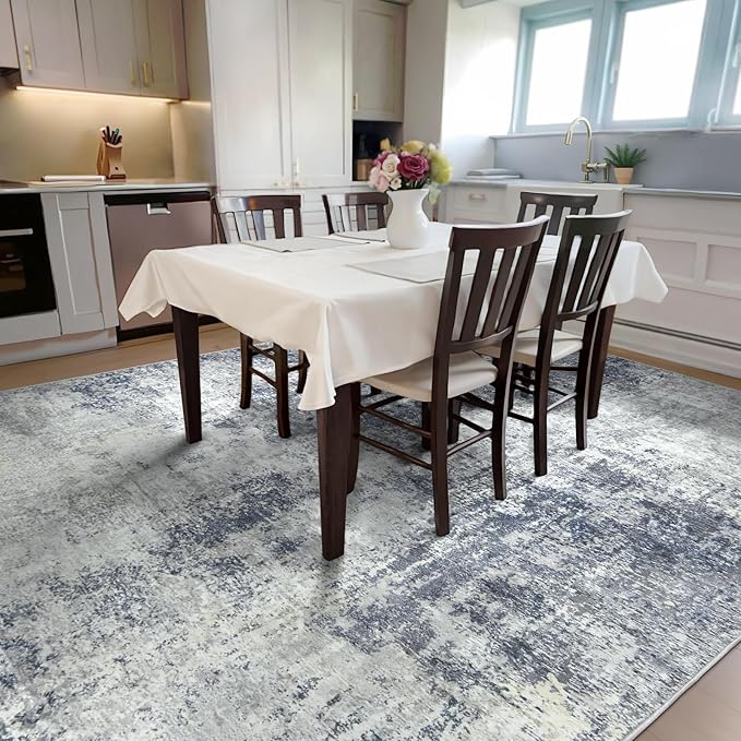 Washable Area Rugs for Living Room 8x10 - Large Neutral Modern Abstract Rug, Soft Low Pile Carpet with Non Slip Backing for Under Dining Room Table, Bedroom, Home, Office, Dorm - Indigo Gray