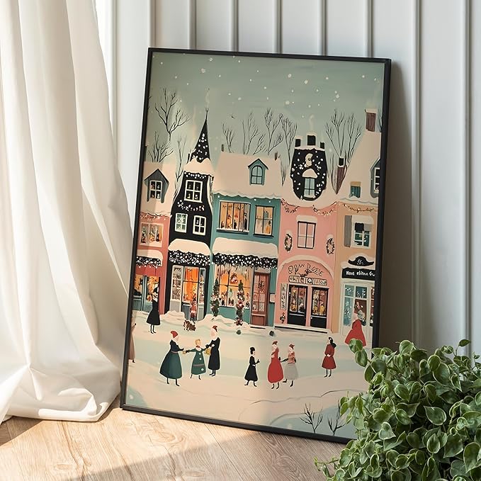 OZCONO Christmas Village Wall Art for Cozy Holiday Decor, Snowy Town Scene for Seasonal Home, Winter Village Artwork, Hello December Print, Xmas Design (Unframed) (12x18)