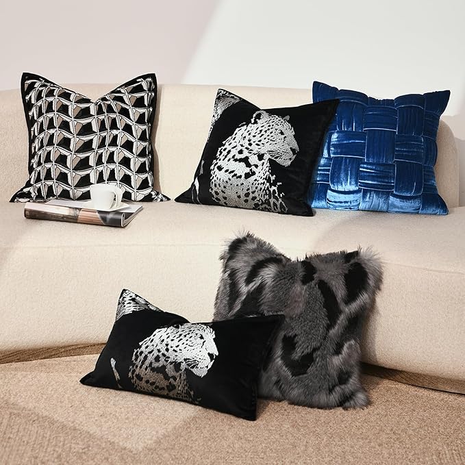 Throw Pillow Cover 18x18'' - Luxe Velvet Silver Leopard Embroidered Pillow Cover, Wrinkle & Fade Resistant, Decorative Cushion Cover for Sofa, Bed Bedroom Living Room