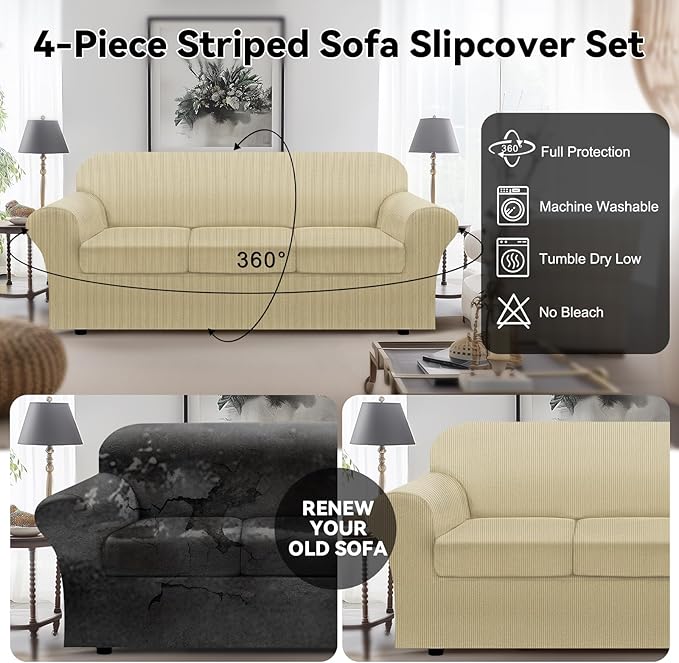100% WaterproofCouch Cover 4-Piece Set Striped Sofa Slipcovers for 3 Cushion Couch Sofa Covers with TPU Leakproof Bottom Stretch Couch Protector Pet Proof - Sofa(3-Cushion), Camel