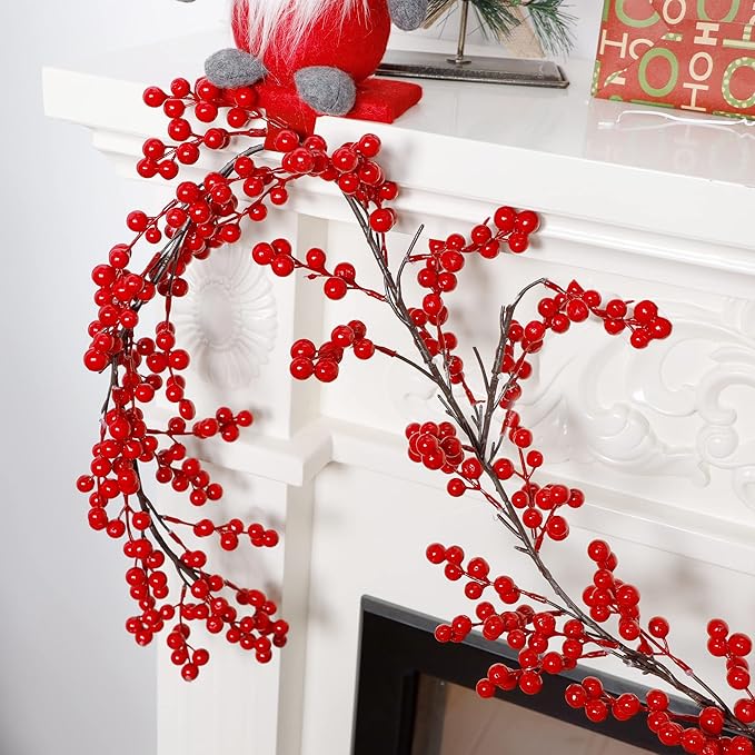 Lulu Home Red Berry Garland, 8.9FT Flexible Artificial Christmas Holly Berry Vine, Winter Berry Garland for Mantle Xmas Tree Window Door Hanging Indoor Outdoor Holiday Decoration (1)