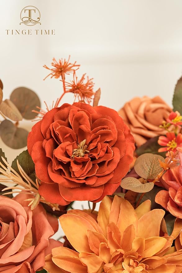 TINGE TIME Artificial Flowers Deep Burnt Orange Flower Combo for DIY Wedding Bouquets Table Centerpieces Arrangements Party Baby Shower Home Fall Decorations