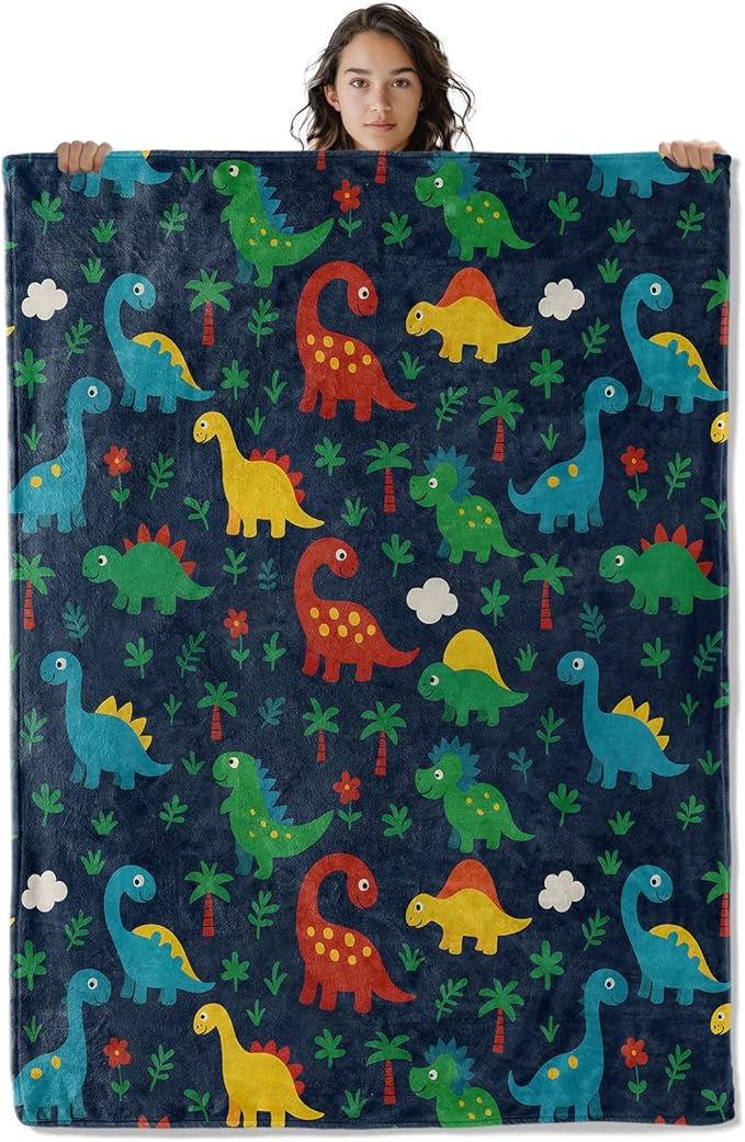 Colorful Cartoon Dinosaur Blanket, Playful Jungle Theme 50 x 40 Inch Flannel Throw Blanket, Gifts for Women Kids, Lightweight Cozy Warm Blankets for Sofa Travel Home Decor