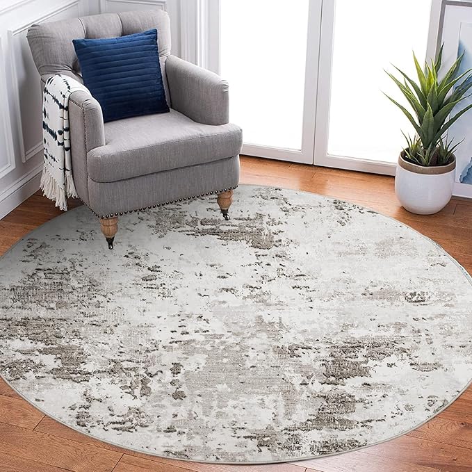 Modern Abstract 8x8 Round Area Rug Non Slip Non Shedding Rug Low Pile Stain Resistant for Bedroom Living Room Office Dining Room,Taupe/Beige