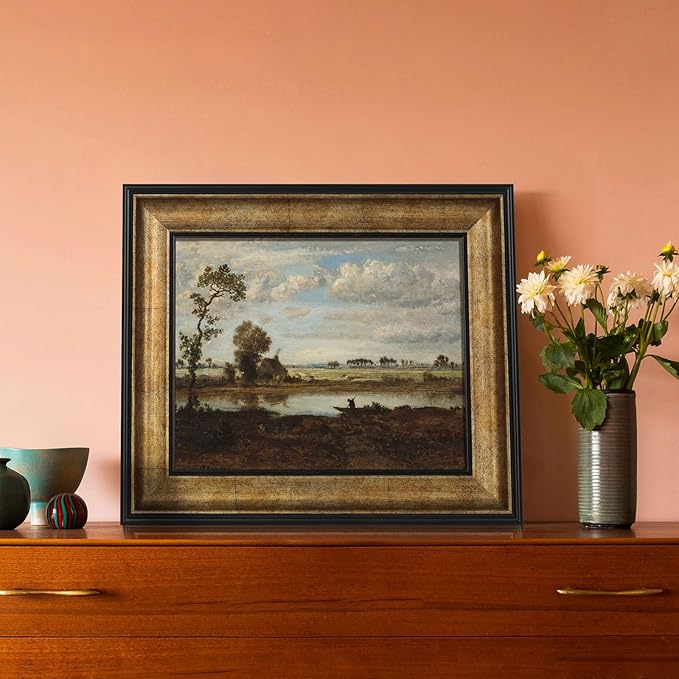 FOLKOR 8x10 Vintage Gold Framed Canvas Wall Art for Living Room Decoration, French Countryside Painting Poster Prints Decor For Rustic Home Office Bedroom (Landscape with Boatman)