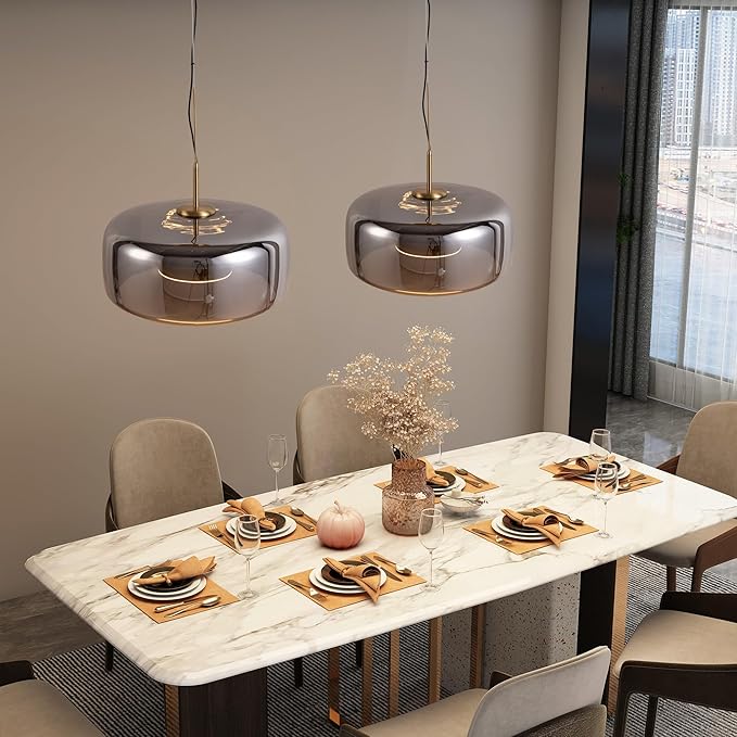 Modern Glass LED Pendant Light with Remote,15'' Stepless Dimmable & CCT Adjustable Hanging Height, 25W Modern Gold Finish for Dining Room, Living Room, Bedroom, Ash Gray