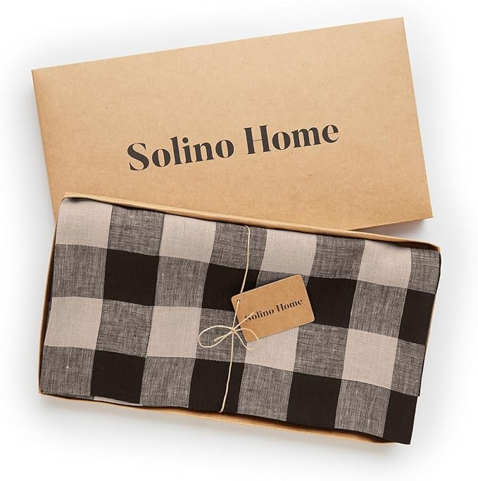 Solino Home Linen Checkered Tablecloth 60 x 132 Inch - 100% Pure Linen Buffalo Natural and Black Table Cloth for Rectangular Tables - Machine Washable Tablecloth for Fall, Winter, Thanksgiving
