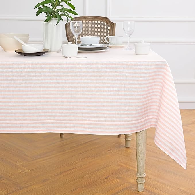 Solino Home Linen Striped Tablecloth 60 x 144 Inch - 100% Pure Linen Coral and White Table Cloth for Rectangle Tables - Amalfi Stripe, Machine Washable Tablecloth