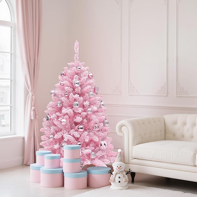 YITAHOME 4.5 FT Prelit Pink Flocked Christmas Tree, Pre-Lit Pink Spruce Artificial Christmas Tree with 400 PVC Flocked Tips and 200 Warm-White Lights for Home, Office Decoration