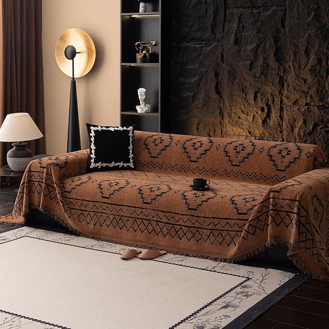 VClife Bohemian Sofa Covers Chenille Couch Cover for Sectional Couch, Soft Non Slip Couch Covers for 3 Cushion Sofa Breathable Sofa Furniture Protector Slip Cover for Couch, Pumpkin, 71"X134"