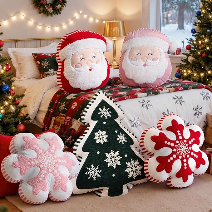 Lanpn Christmas Throw Pillows Set of 3, Christmas Decoration Winter Throw Pillows Snowflake Santa Claus Xmas Tree Cuhsion for Sofa Living Room Bedroom Xmas Decor (Red)