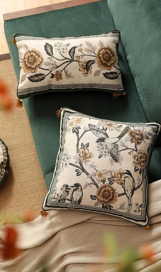 ISAENNE Design Linen Chinoiserie Rectangle Throw Pillow Covers 12"x20" Pack of 2, Farmhouse Cushion Covers with Yellow Floral Birds Pattern Decoration Pillowcases for Bed,Living Room,Outdoor,Car