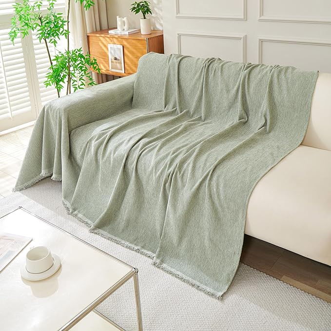 DREAMINGO Sofa Covers Washable Thick Chenille Couch Cover for 3 Cushion Couch Sofa Multi-Use Couch Cover Blanket Modern Pet Furniture Protector Sectional Couch Slipcover 71"x134", Sage Green