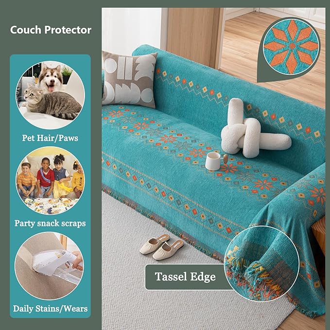 DREAMINGO Teal Boho Couch Cover Jacquard Chenille Sofa Covers Washable 3 Seater Sofa Protector for Pets Kids Modern Bohemain Sectional Couch Slipcovers for Living Room, 71"x134"