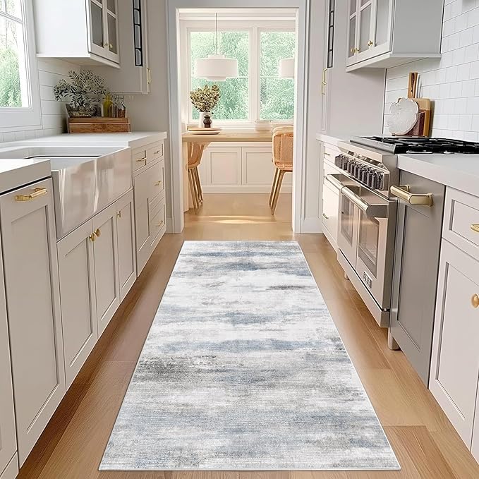 Enkor Runner Rugs for Hallway, 2'7"x8 Washable Soft Non Slip Abstract Rugs for Kitchen, Modern Mat for Entryway Living Room Bedroom Blue & Grey
