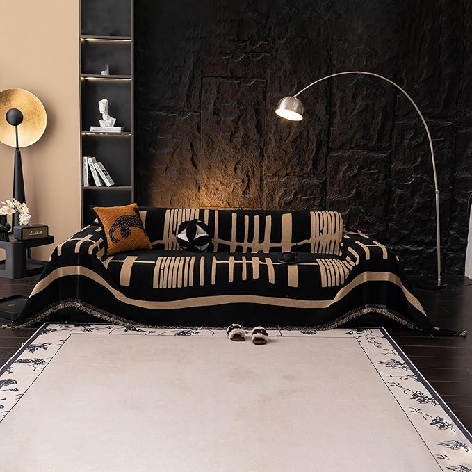 VClife Modern Couch Cover Washable Soft Couch Covers for 3 Cushion Couch Sofa, 1 PC Thick Soft Khaki Black Jacquard Sofa Cover for Sectional Couch (71"x150")