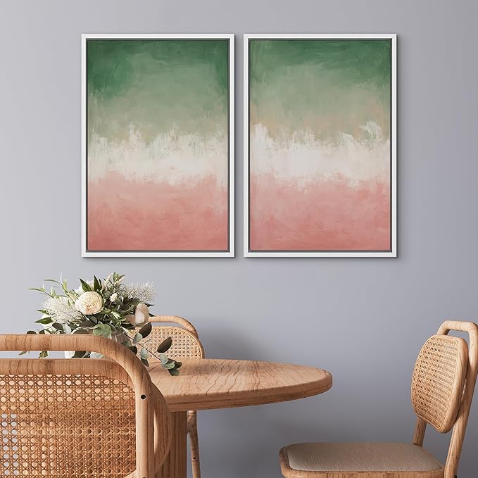SIGNWIN Framed Canvas Print Wall Art Set Green and Pink Ombre Abstract Contemporary Gradient Modern Art Minimal Boho Relax/Calm for Living Room, Bedroom, Office - 16"x24"x2 White