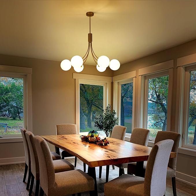 6-Light Modern Gold Sputnik Chandelier Mid Century Brushed Brass Light Fixture with Milk Glass Globes for High Ceiling Dining Room Kitchen Island Living Room