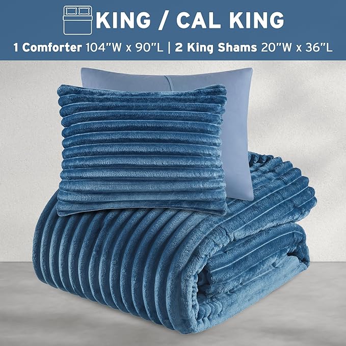 Intelligent Design King Comforter Set, Cozy Plush Bedding, Microfiber Reverse, 3 Piece, Lightweight, Super Soft Ribbed Velvet Comforter 2 Shams, All Season Fluffy Bed Set, Avril, King/Cal King Blue