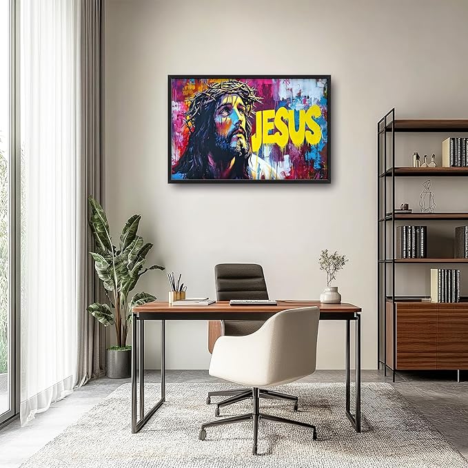 Banksy Jesus Large Wall Art Graffiti Framed Wall Decor for Living Room Pop Street Pictures Oversized Canvas Print Painting Modern Extra Large Framed Artwork for Bedroom Office 36"x24"