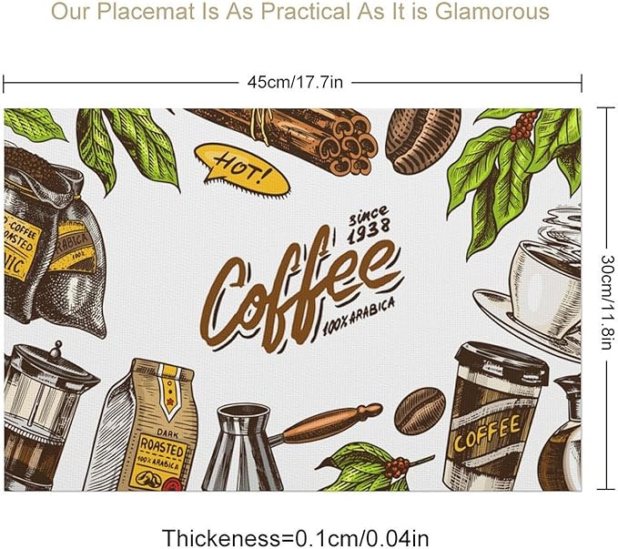 Coffee Time Placemat Set of 4, 12x18 Inch Rustic Coffee Cup Theme Beans Retro Vintage Farmhouse Washable Heat Resistant Table Mats for Outdoor Farmhouse Kitchen Dining Decor