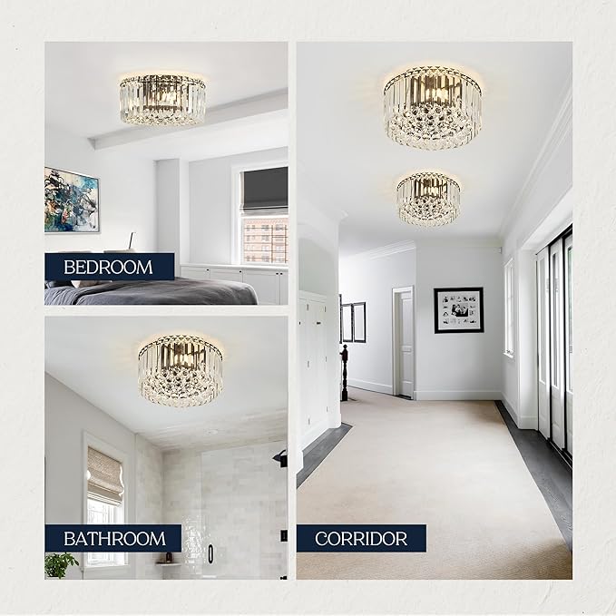 12.6" Black K9 Crystal Raindrop Flush Mount Ceiling Light, Modern Chandelier, Round Luxury Light Fixture for Dining Room, Bedroom, Hallway, Kitchen Island & Living Room