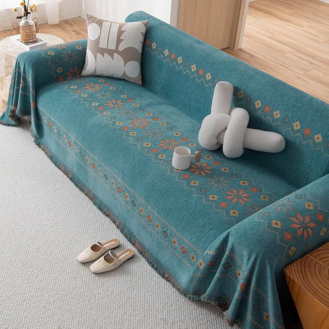 VClife Boho Couch Cover Green Geometric Jacquard Pattern Sofa Cover, 1 Piece Large Couch Covers for 2 Cushion Couch Sofa Washable Plush Chenille Sofa Protector for Living Room, 71x118 Inch