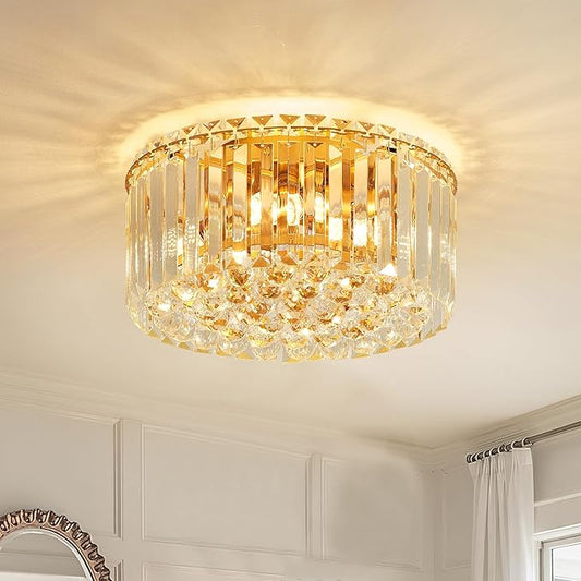 12.6" Gold K9 Crystal Raindrop Flush Mount Ceiling Light, Modern Chandelier, Round Luxury Light Fixture for Dining Room, Bedroom, Hallway, Kitchen Island & Living Room
