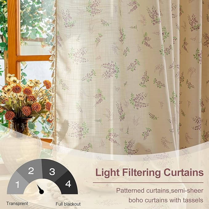 OYX Purple Boho Floral Curtains 63 Inch Length 2 Panels for Living Room, Bedroom Light Filtering Drapes, Farmhouse Country French Rustic Tassels Patterned Rod Pocket Aesthetic Decor Window Treatments
