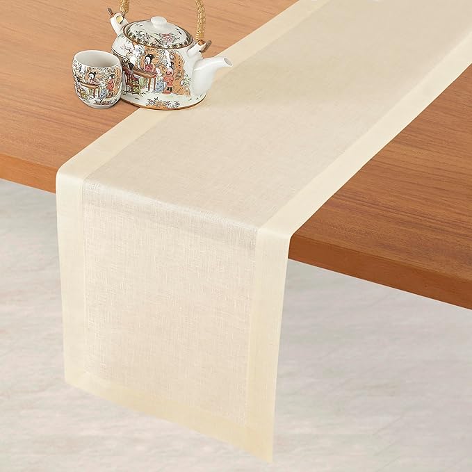 D'Moksha Homes Linen Vanilla Cream Table Runner 102 Inches Long - 100% Pure Linen Dining Table Runner 14 x 102 Inch for Fall, Thanksgiving, Christmas, Holiday - Machine Washable