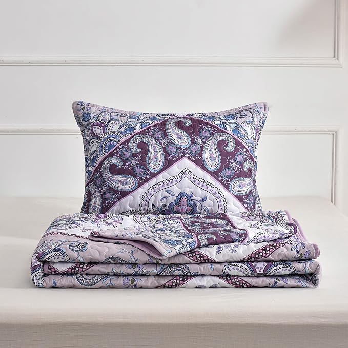 DURLENGEN Purple Quilt Set King Size 3Pcs, Purple & Pink Paisley Styling Bedspread, All Season Lightweight Coverlet Sets(King 106x96, Purple Paisley)
