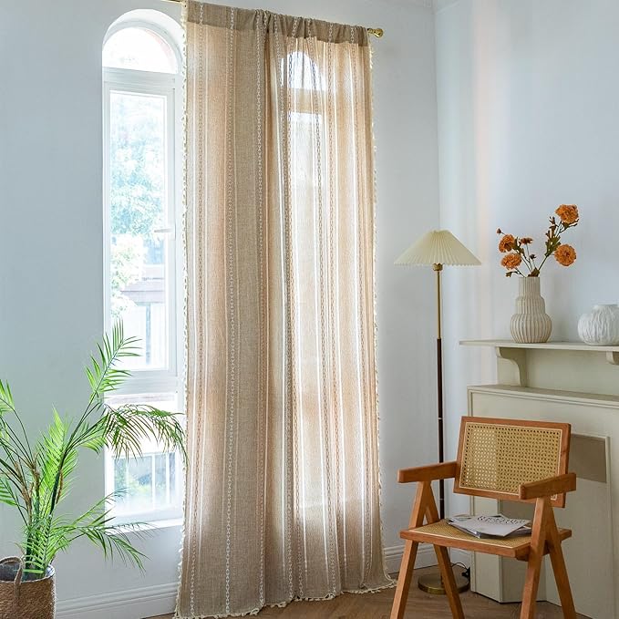 Sutuo Home Boho Curtain for Bedroom Living Room 84 Inches Length, Light Filtering French Country Farmhouse Vintage Chic Tassels Hollow Window Treatment Bohemian Drape, 1 Panel 52" W x 84" L Natural